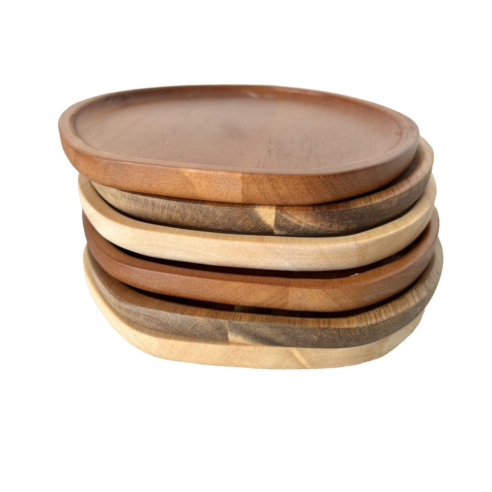 Acacia Wood Appetizer Plates Set of 6 Snack, Dessert, Decor Natural Wood 6" EUC